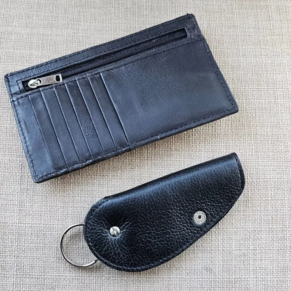 Long Wallet and Keychain Black Genuine Leather Card Holder Keys Holder Fob